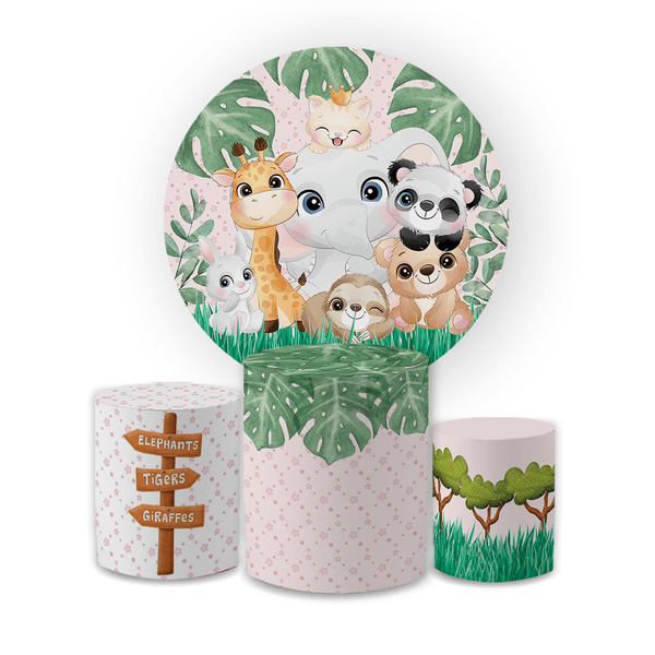 Kit Capa Painel Redondo + Trio Cilindros Decoração Festa Aniversário Infantil Safari Baby Rosa Menina