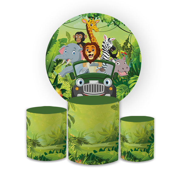 Kit Capa Painel Redondo + Trio Cilindros Decoração Festa Aniversário Infantil Safari