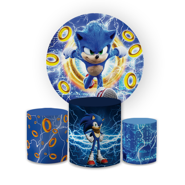 Kit Capa Painel Redondo + Trio Cilindros Decoração Festa Aniversário Infantil Desenho Jogo Sonic