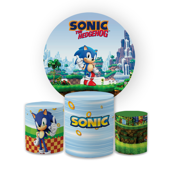 Kit Capa Painel Redondo + Trio Cilindros Decoração Festa Aniversário Infantil Desenho Jogo Sonic