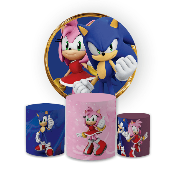Kit Capa Painel Redondo + Trio Cilindros Decoração Festa Aniversário Infantil Desenho Jogo Sonic e Pink Sonic