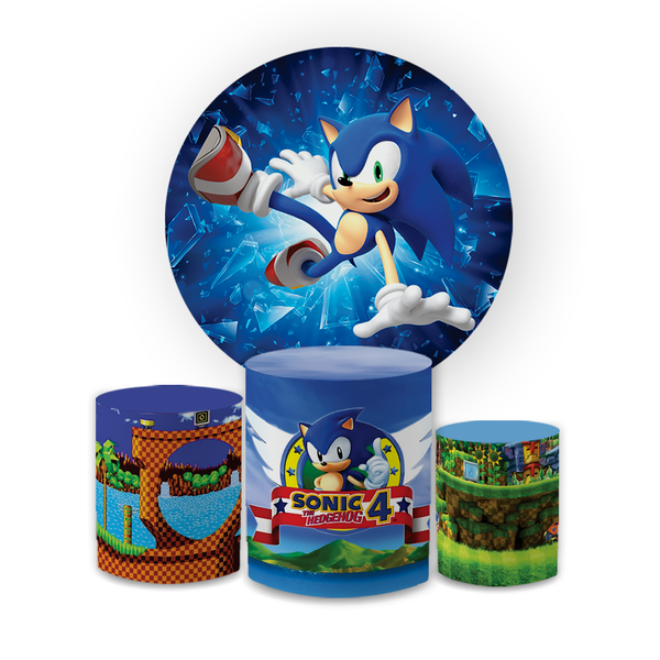 Kit Capa Painel Redondo + Trio Cilindros Decoração Festa Aniversário Infantil Desenho Jogo Sonic