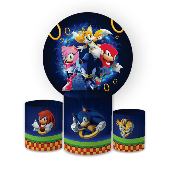 Kit Capa Painel Redondo + Trio Cilindros Decoração Festa Aniversário Infantil Desenho Jogo Sonic