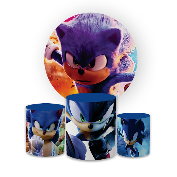 Kit Capa Painel Redondo + Trio Cilindros Decoração Festa Aniversário Infantil Desenho Jogo Sonic