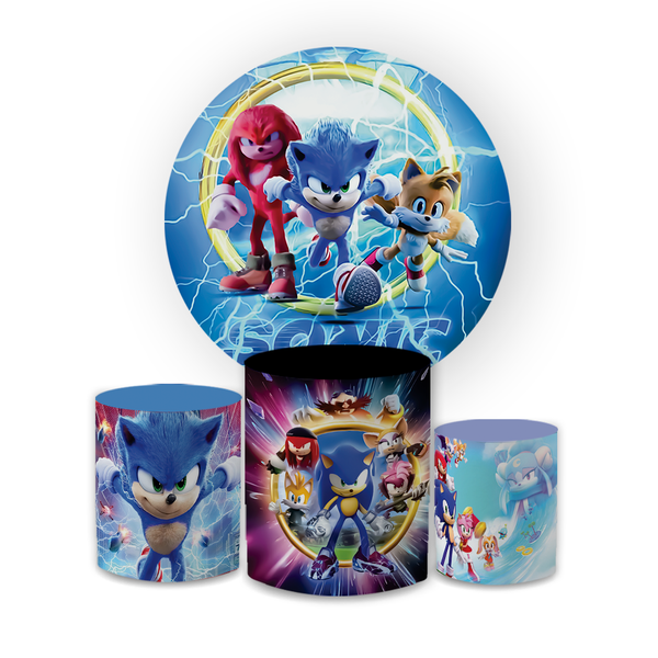 Kit Capa Painel Redondo + Trio Cilindros Decoração Festa Aniversário Infantil Desenho Jogo Sonic 