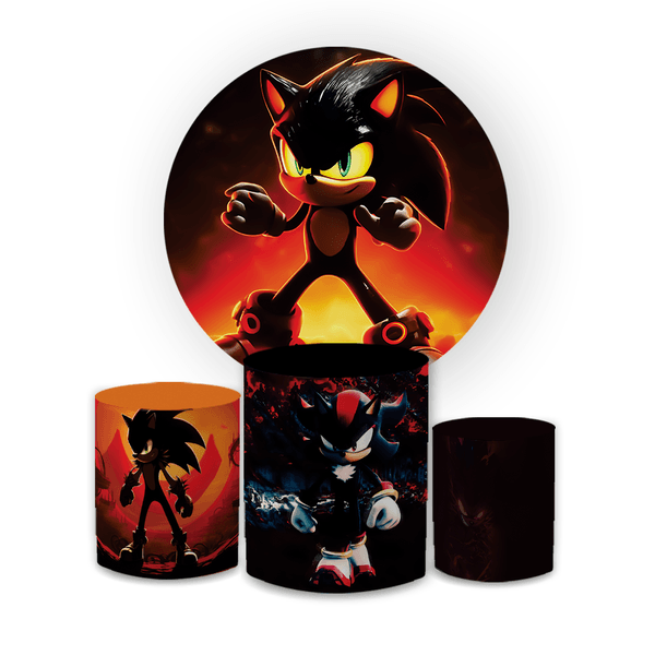 Kit Capa Painel Redondo + Trio Cilindros Decoração Festa Aniversário Infantil Desenho Jogo Shadow Sonic