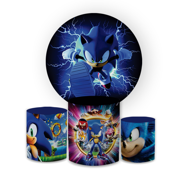 Kit Capa Painel Redondo + Trio Cilindros Decoração Festa Aniversário Infantil Desenho Jogo Sonic