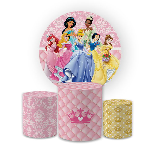 Kit Capa Painel Redondo + Trio Cilindros Decoração Aniversário Infantil Desenho Princesas Disney