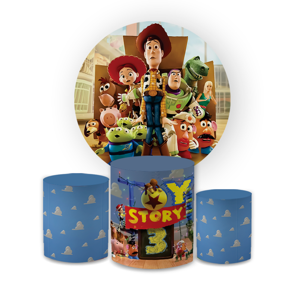 Kit Capa Painel Redondo + Trio Cilindros Decoração Festa Aniversário Infantil Desenho Toy Story