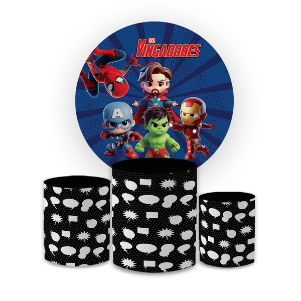Kit Capa Painel Redondo + Trio Cilindros Decoração Festa Aniversário Infantil Desenho Super Heróis Cute Vingadores Baby
