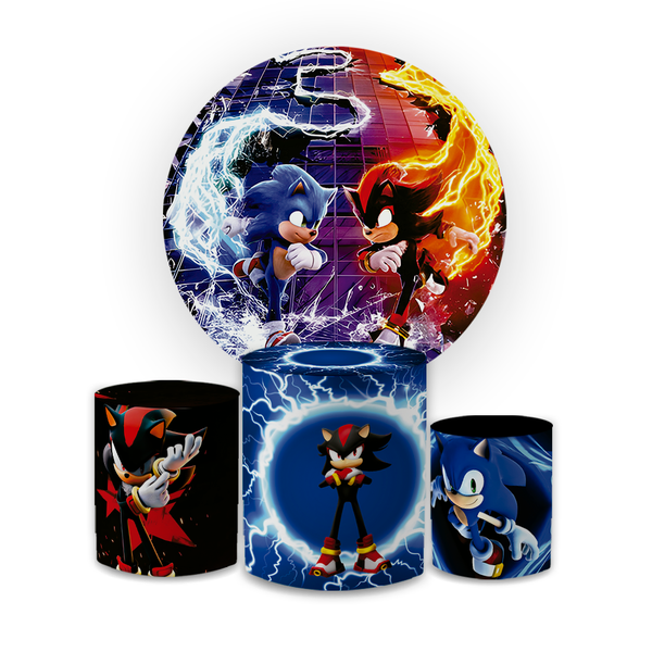 Kit Capa Painel Redondo + Trio Cilindros Decoração Festa Aniversário Infantil Desenho Jogo Sonic e Shadow