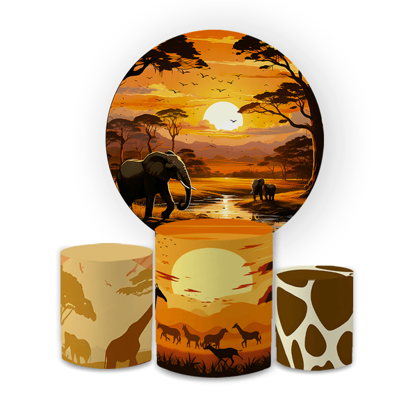 Kit Capa Painel Redondo + Trio Cilindros Decoração Festa Aniversário Infantil Safari