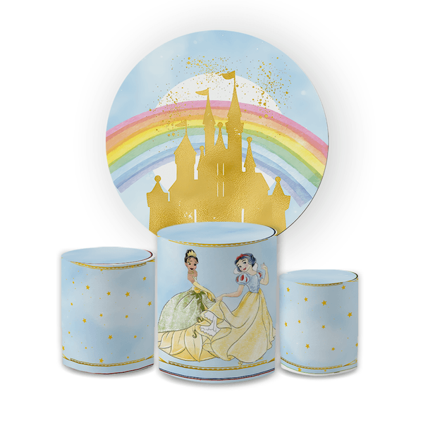 Kit Capa Painel Redondo + Trio Cilindros Decoração Aniversário Infantil Desenho Princesas Disney