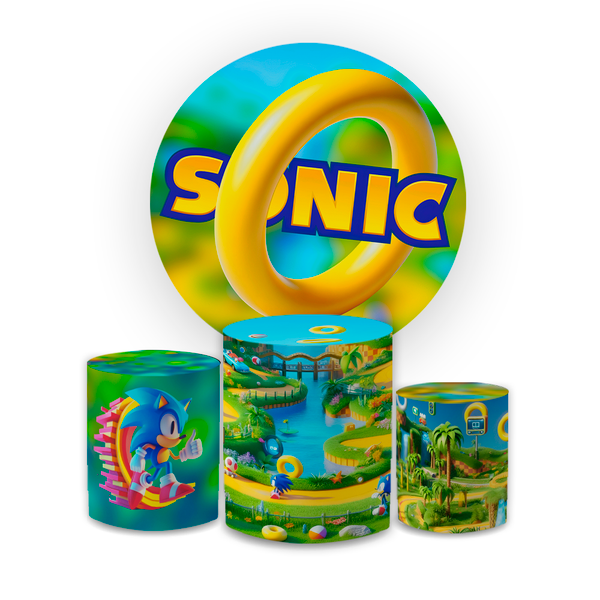 Kit Capa Painel Redondo + Trio Cilindros Decoração Festa Aniversário Infantil Desenho Jogo Sonic 