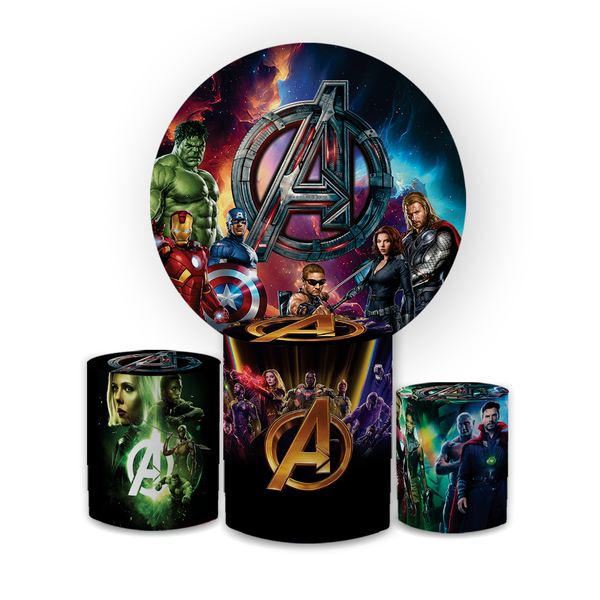 Kit Capa Painel Redondo + Trio Cilindros Decoração Festa Aniversário Infantil Desenho Vingadores Heróis
