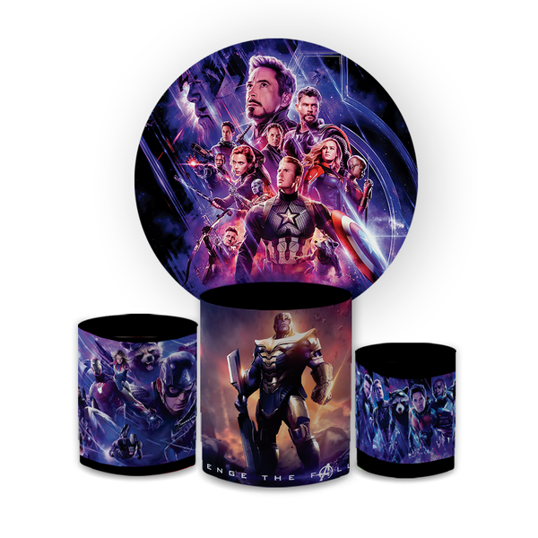 Kit Capa Painel Redondo + Trio Cilindros Decoração Festa Aniversário Infantil Desenho Vingadores Heróis 