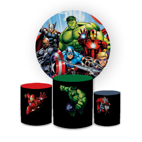 Kit Capa Painel Redondo + Trio Cilindros Decoração Festa Aniversário Infantil Desenho Vingadores Heróis