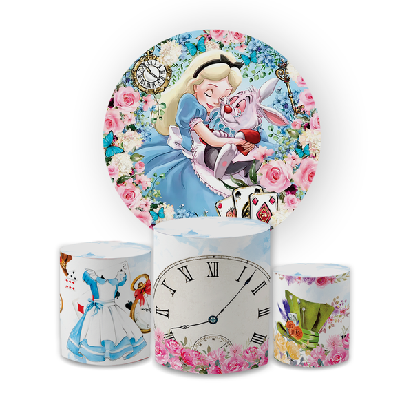 Kit Capa Painel Redondo + Trio Cilindros Decoração Aniversário Festa Infantil Alice no País das Maravilhas Filme 