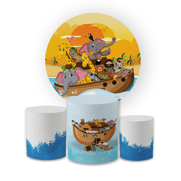 Kit Capa Painel Redondo + Trio Cilindros Decoração Aniversário Festa Infantil Arca de Noé Animais 