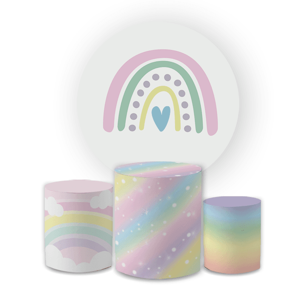 Kit Capa Painel Redondo + Trio Cilindros Decoração Festa Infantil Arco Iris Candy 