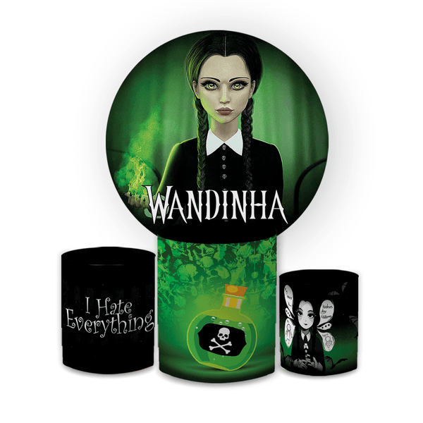 Kit Capa Painel Redondo + Trio Cilindros Decoração Festa Aniversário Infantil Desenho Wandinha