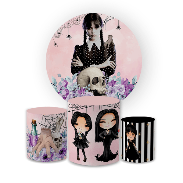 Kit Capa Painel Redondo + Trio Cilindros Decoração Festa Aniversário Infantil Desenho Wandinha 