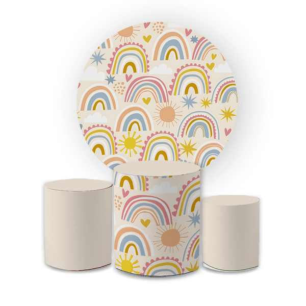 Kit Capa Painel Redondo + Trio Cilindros Decoração Festa Arco Iris Boho 