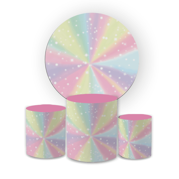 Kit Capa Painel Redondo + Trio Cilindros Decoração Festa Infantil Arco Iris Candy 