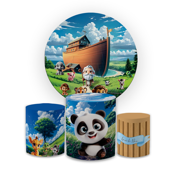 Kit Capa Painel Redondo + Trio Cilindros Decoração Aniversário Festa Infantil Arca de Noé Animais 