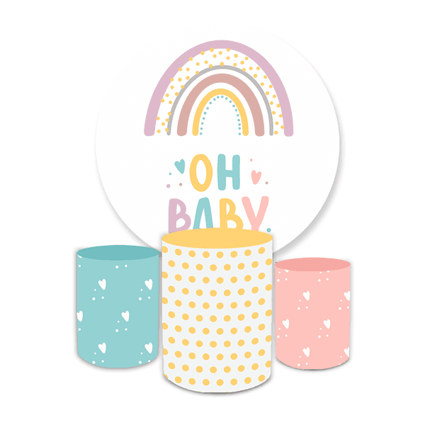 Kit Capa Painel Redondo + Trio Cilindros Decoração Festa Cha de Bebê Oh Baby Arco íris