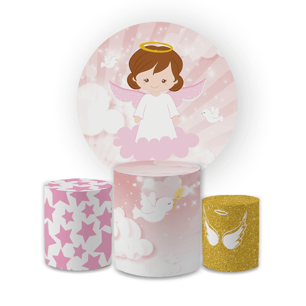 Kit Capa Painel Redondo + Trio Cilindros Decoração Aniversário Festa Infantil Anjinho Batizado Menina
