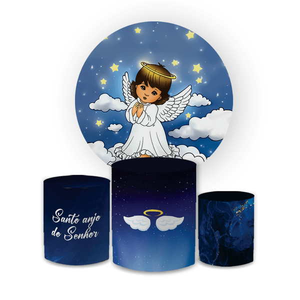 Kit Capa Painel Redondo + Trio Cilindros Decoração Aniversário Festa Infantil Anjinho Batizado 