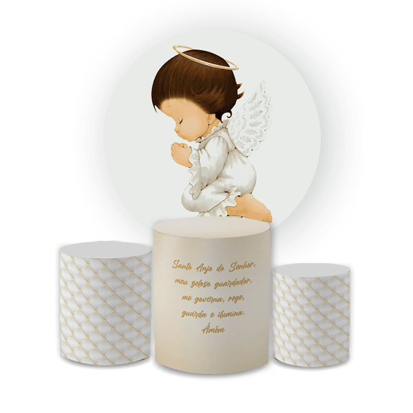 Kit Capa Painel Redondo + Trio Cilindros Decoração Aniversário Festa Infantil Anjinho Batizado 