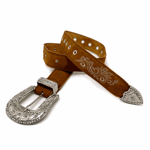 CINTO EM COURO NOBUCK BORDADO BEGE COM STRASS 