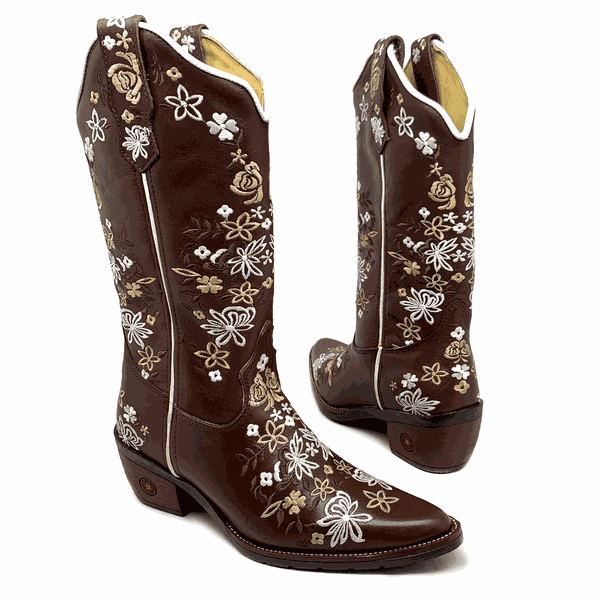 BOTA TEXANA EM COURO MARROM BORDADO FLORES BRANCO E BEGE BICO FINO 
