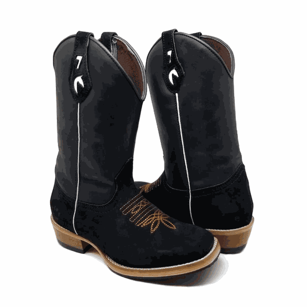 BOTA TEXANA EM COURO PRETO BORDADO FLORÃO SOLADO DE MADEIRA 