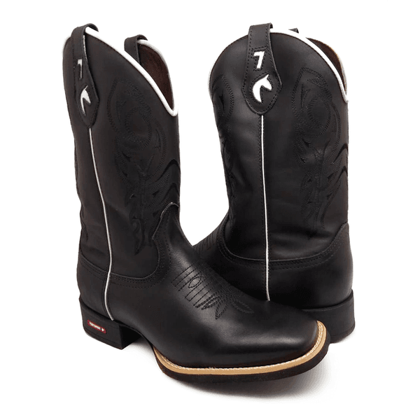 BOTA TEXANA EM COURO PRETO BORDADO PRETO 