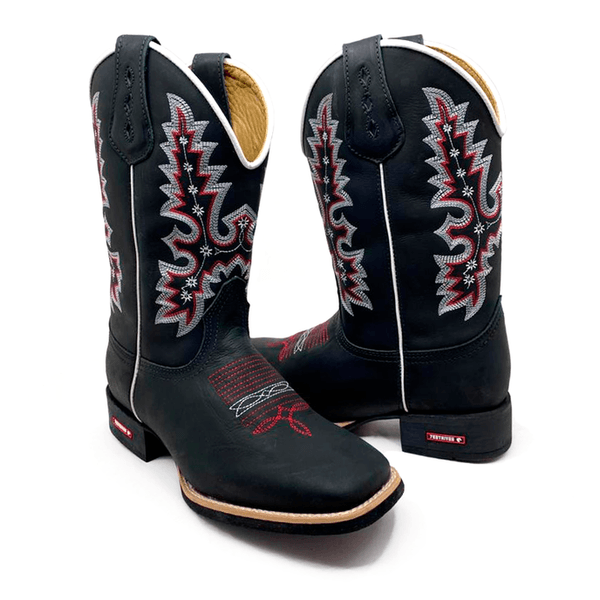 BOTA TEXANA EM COURO PRETO BORDADO BRANCO E VERMELHO 