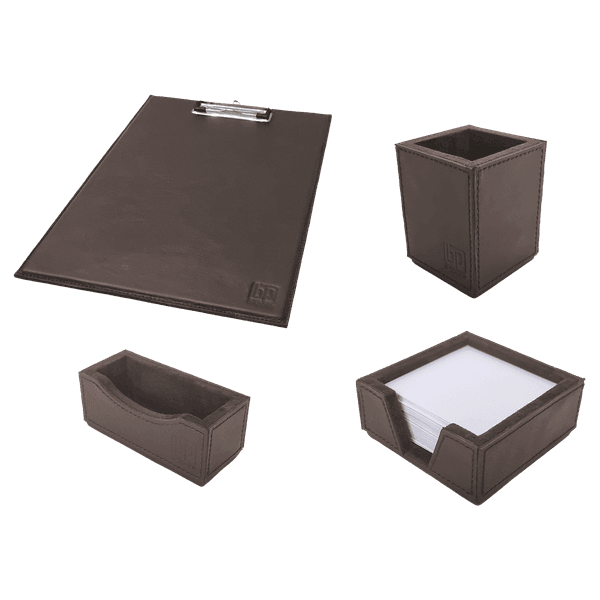 Kit 4 WorkSpace TABACO Prancheta A4, Porta Lápis, Porta Rascunho, Porta Cartão de Visitas - COURO LEGÍTIMO