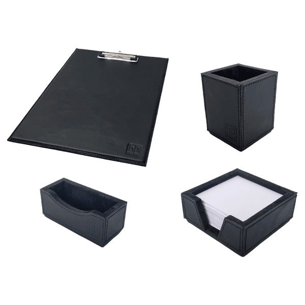 Kit 4 WorkSpace PRETO Prancheta A4, Porta Lápis, Porta Rascunho, Porta Cartão de Visitas - COURO LEGÍTIMO