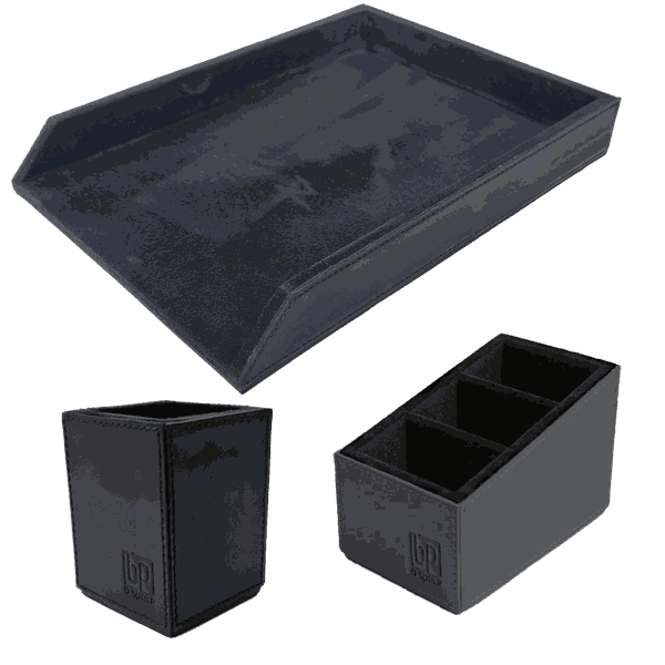 Kit 5 WorkSpace PRETO - Porta Papel A4, Porta Lápis, Porta Controle Remoto - COURO LEGÍTIMO