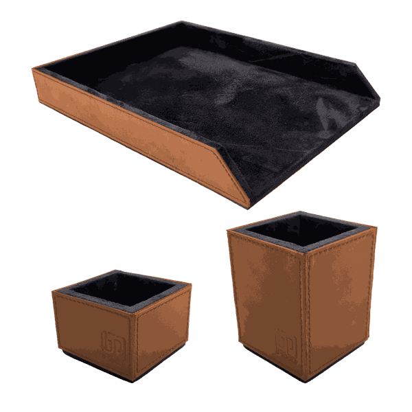 Kit Escritório (p. Papel A4, Lápis E Clips) - Couro Legítimo - CARAMELO