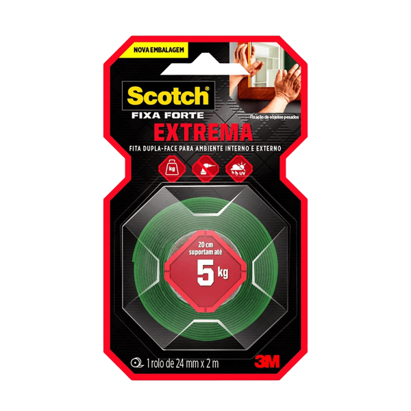 Fita Dupla Face 24MM X 2M Fixa Forte Extrema Scotch 5KG Un 3M