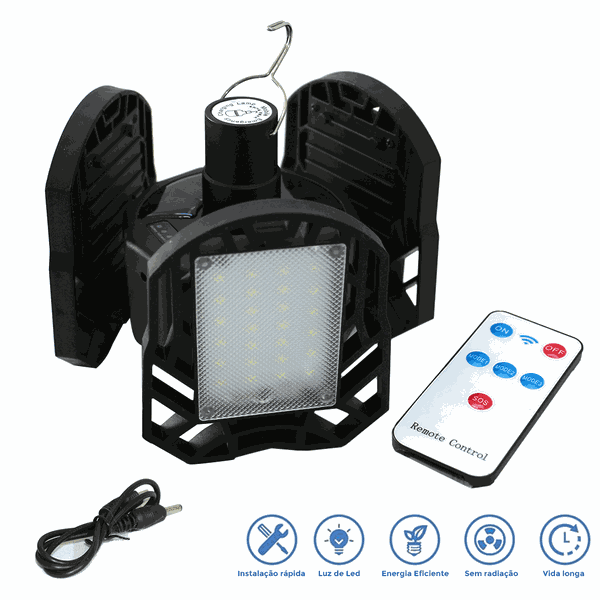 Lanterna LED Recarregável Solar e USB Dobrável Camping 3 folhas