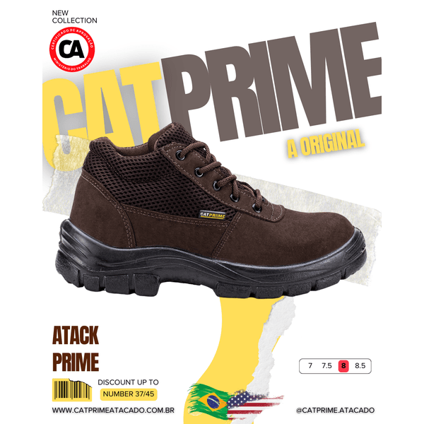 Coturno Catprime masculino em couro legítimo, solado em PU, cano médio, ideal para uso profissional ou casual.