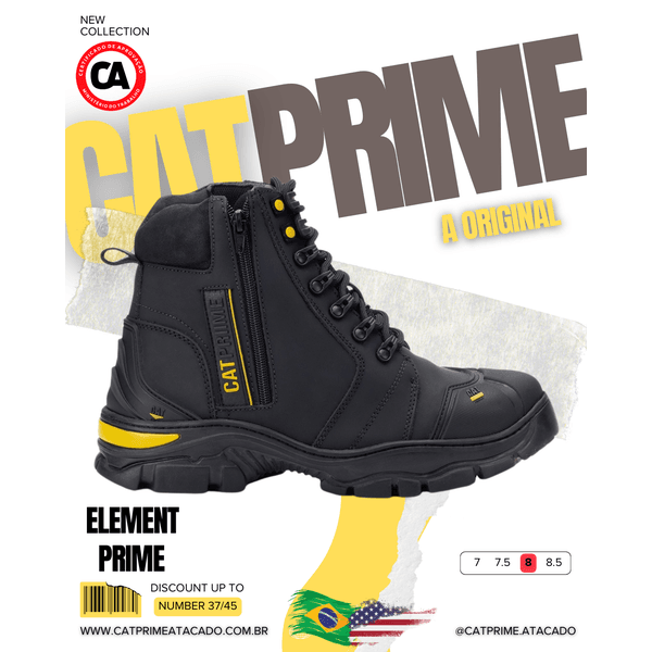 Coturno Catprime masculino em couro preto visto de lado, com solado robusto e design reforçado.