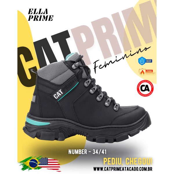 Vista lateral Detalhe do coturno Ella Prime solado antiderrapante. Coturno feminino Catprime preto, modelo Ella Prime, ideal para trabalho seguro.