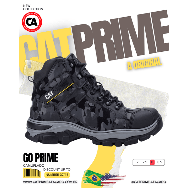 Vista lateral do coturno Catprime sola robusta. Coturno masculino GO Prime da Catprime, cano médio e cheio de atitude. Detalhe para o couro camuflado do GO Prime Catprime.