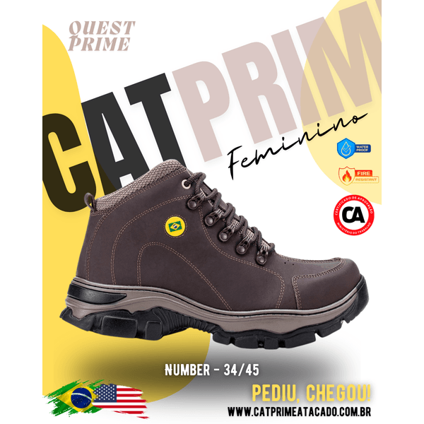 Vista lateral, Detalhe do coturno Quest Prime solado antiderrapante. Coturno feminino e masculino Catprime, modelo Quest Prime, ideal para trabalho seguro.