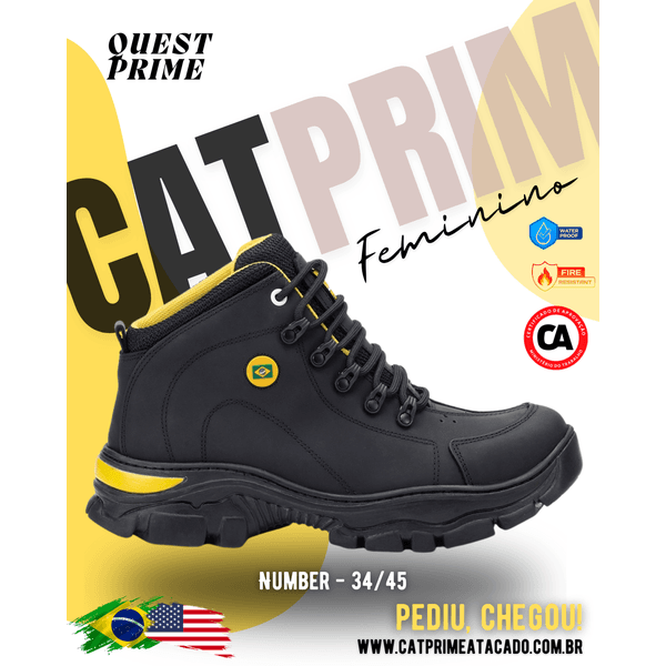 Vista lateral, Detalhe do coturno Quest Prime solado antiderrapante. Coturno feminino e masculino Catprime, modelo Quest Prime, ideal para trabalho seguro, e dia a dia.